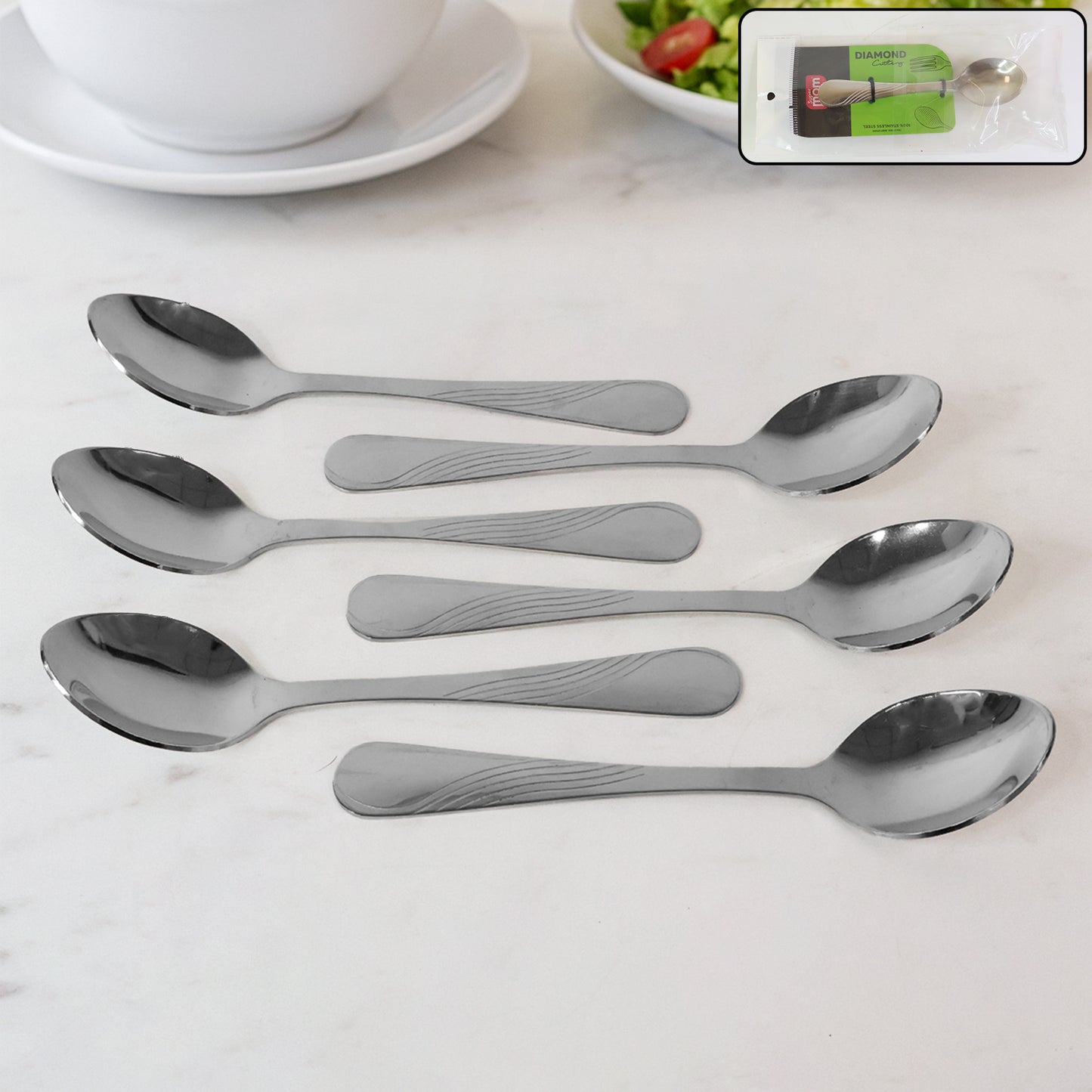 Set of six Wukusy Supermom Diamond stainless steel dining spoons for home and kitchen use, featuring a sleek, polished design.