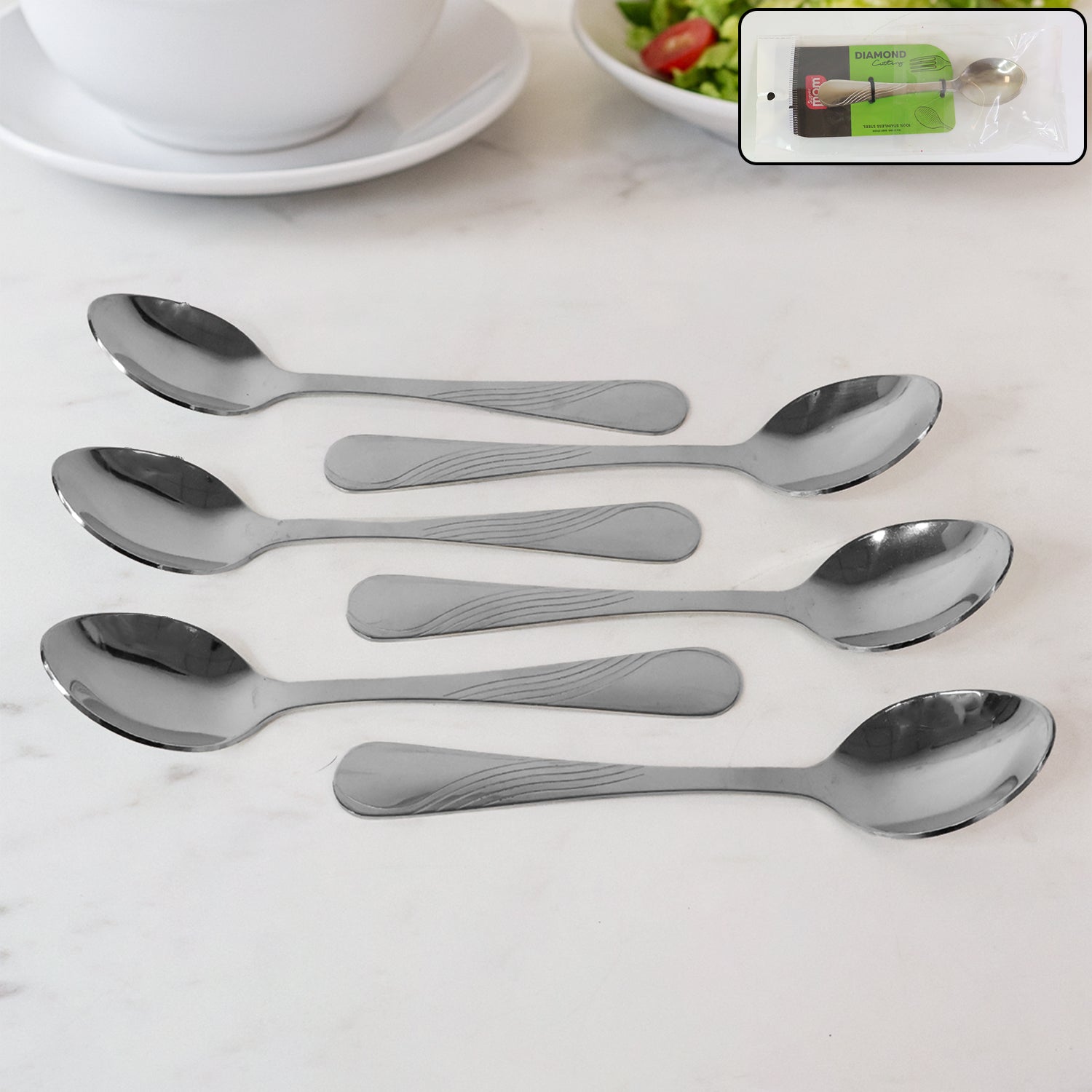 Set of six Wukusy Supermom Diamond stainless steel dining spoons for home and kitchen use, featuring a sleek, polished design.