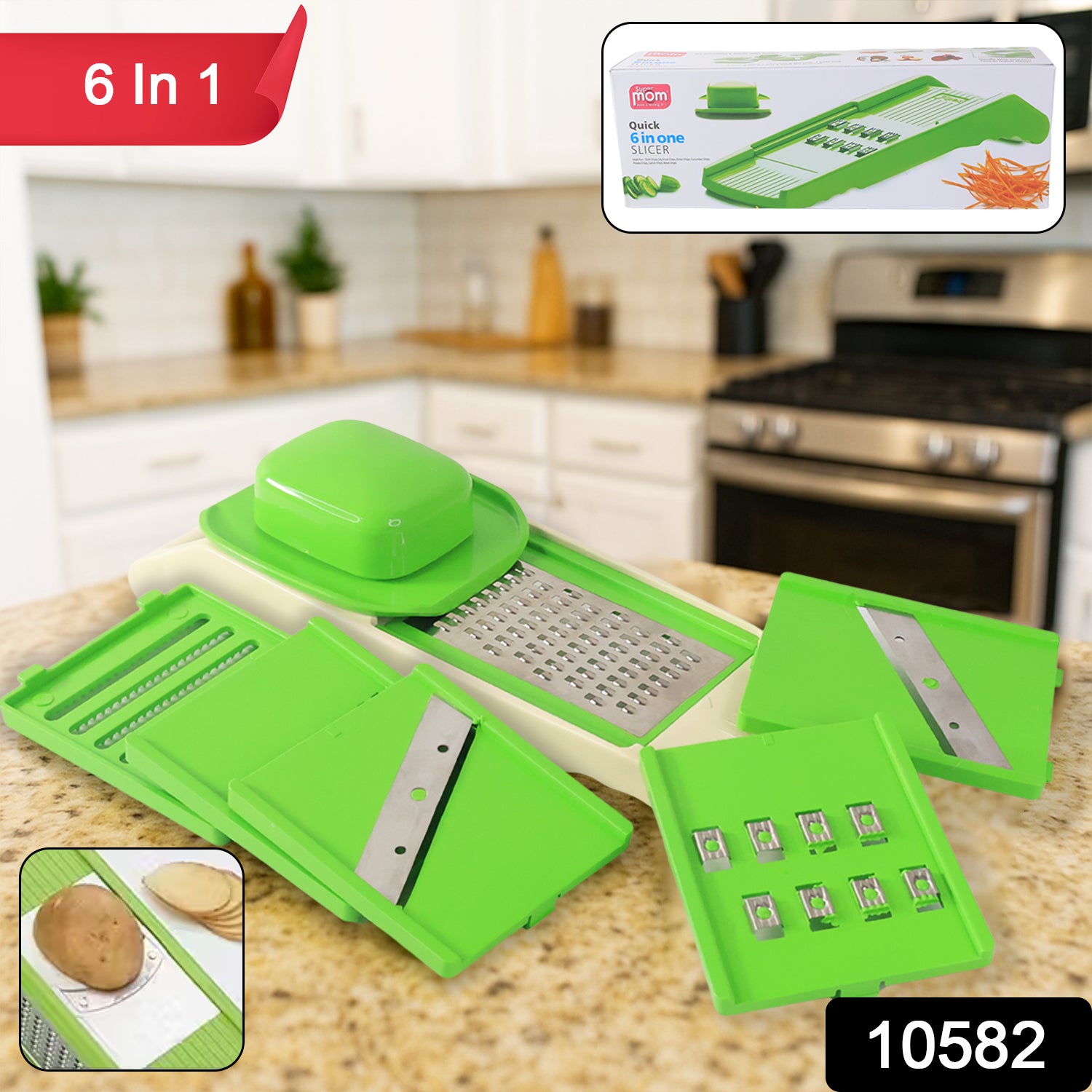 Wukusy Supermom Quick 6-in-1 multipurpose slicer with stainless steel blades and ergonomic handle for versatile kitchen slicing tasks.