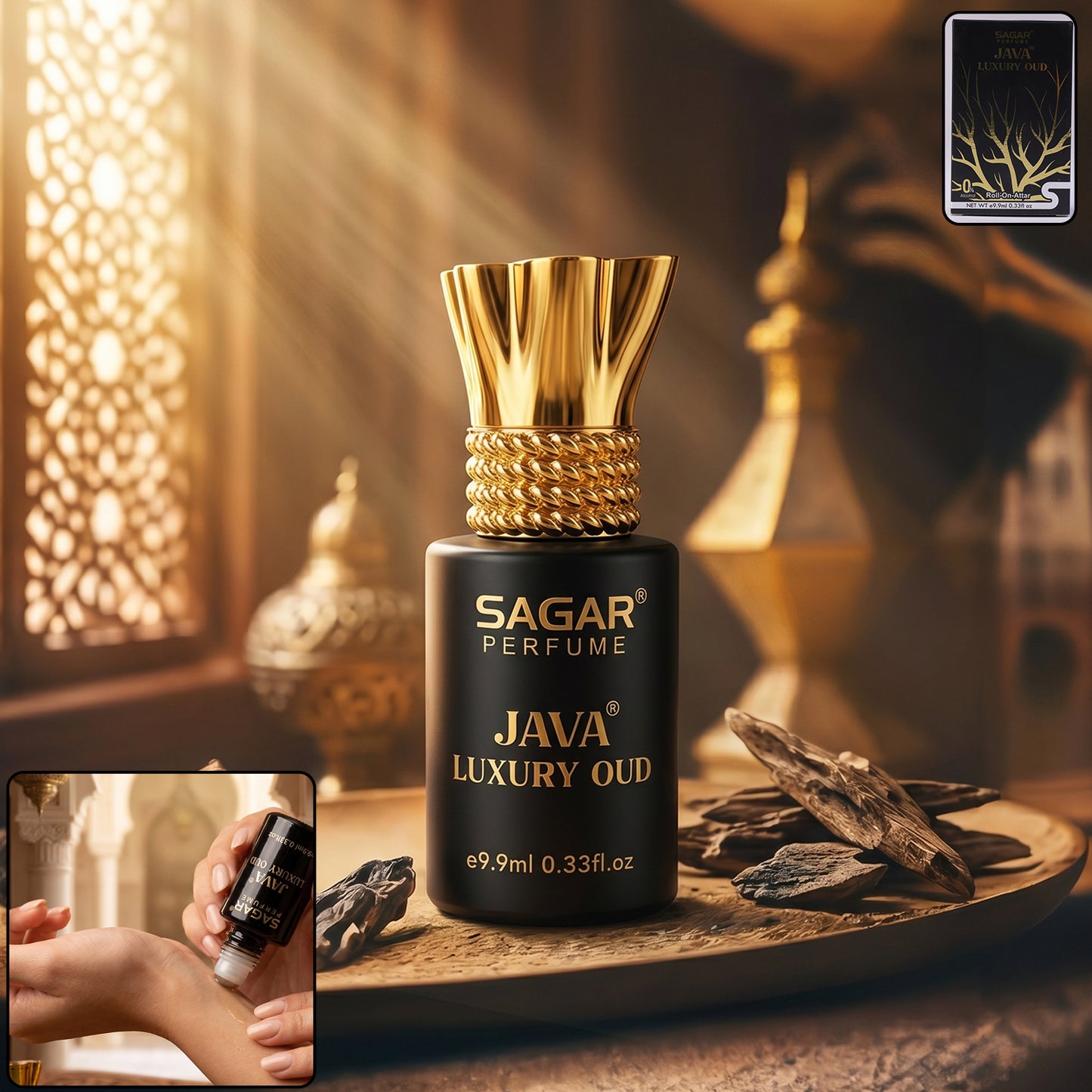 Wukusy Sagar Java Luxury Oud Roll-on Attar, alcohol-free perfume oil for men and women in a 9.9 ml bottle, featuring elegant packaging.