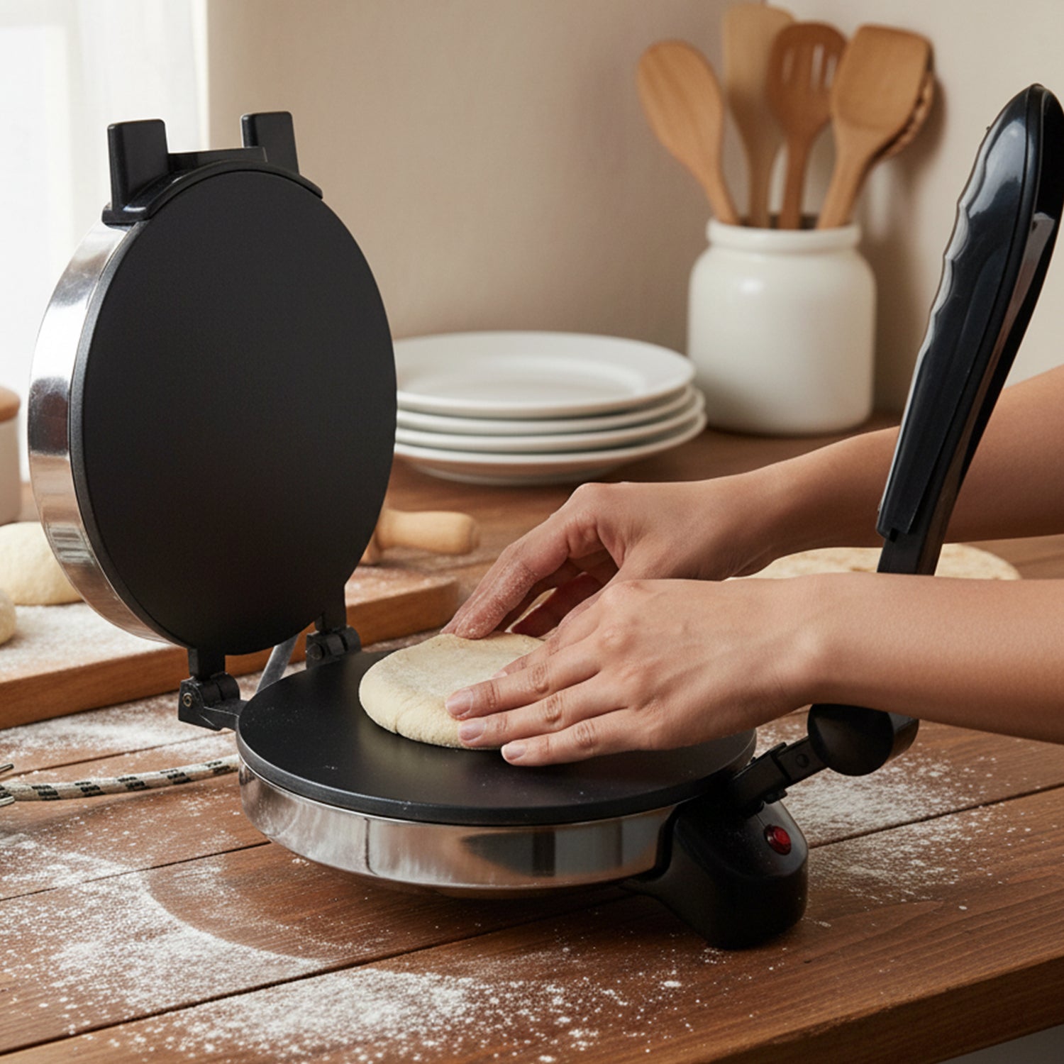 Wukusy electric roti maker with stainless steel heating plate, compact kitchen appliance for making fresh rotis effortlessly