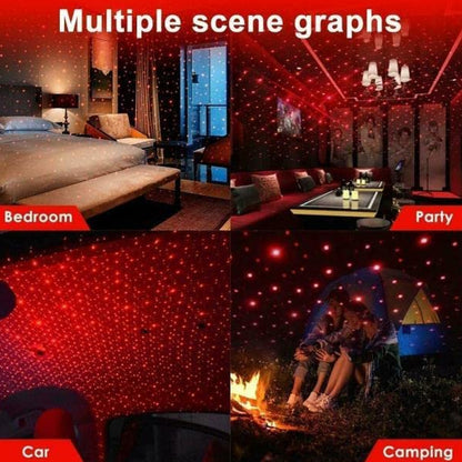 Wukusy 7290 multipurpose laser light projector showing galaxy night sky ambiance on a car ceiling and bedroom wall.