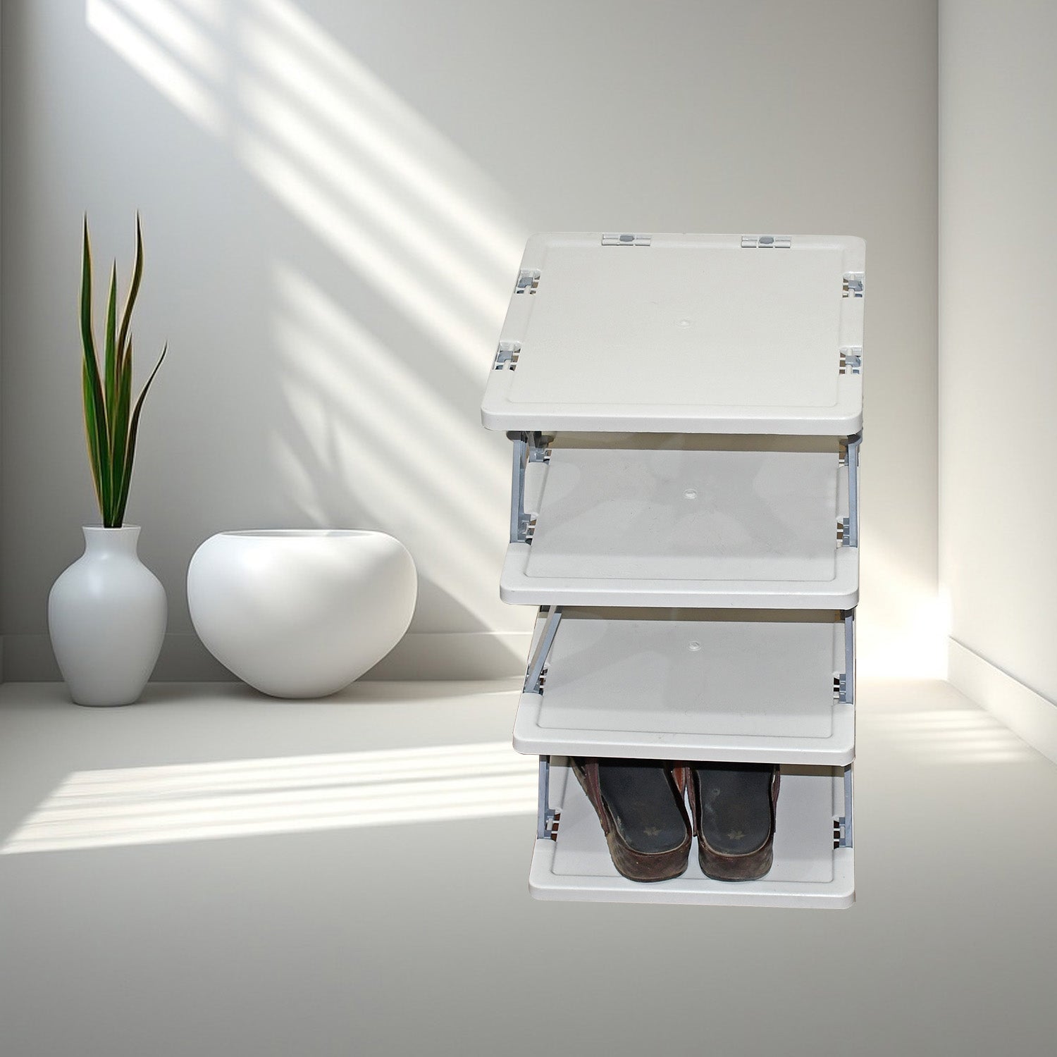 Wukusy foldable multi-layer plastic shoe rack with 4, 6, or 8 shelves, free-standing home shoe storage organizer.