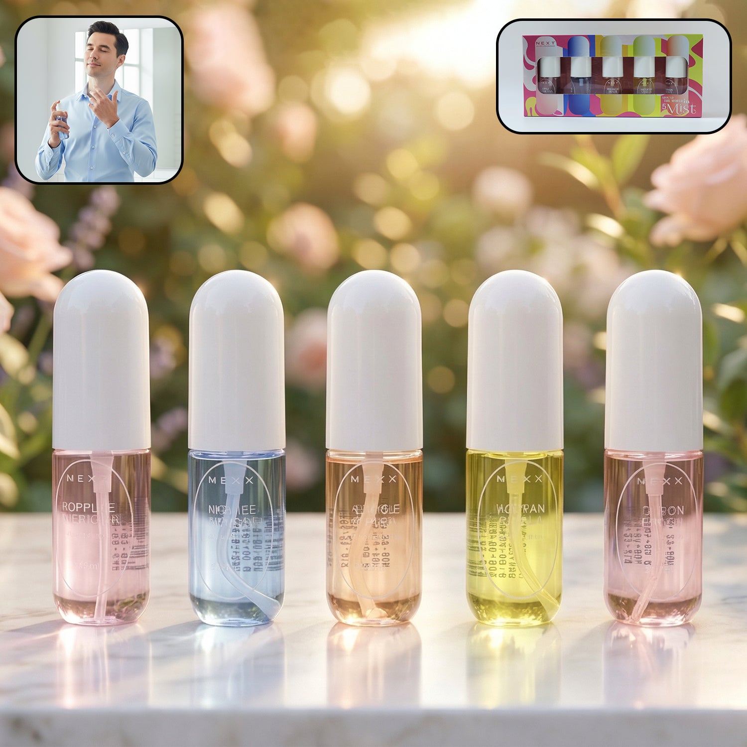 Wukusy Next Mist Luxury Fragrances mini perfume spray gift set with five 30ml bottles, elegant and compact for travel.