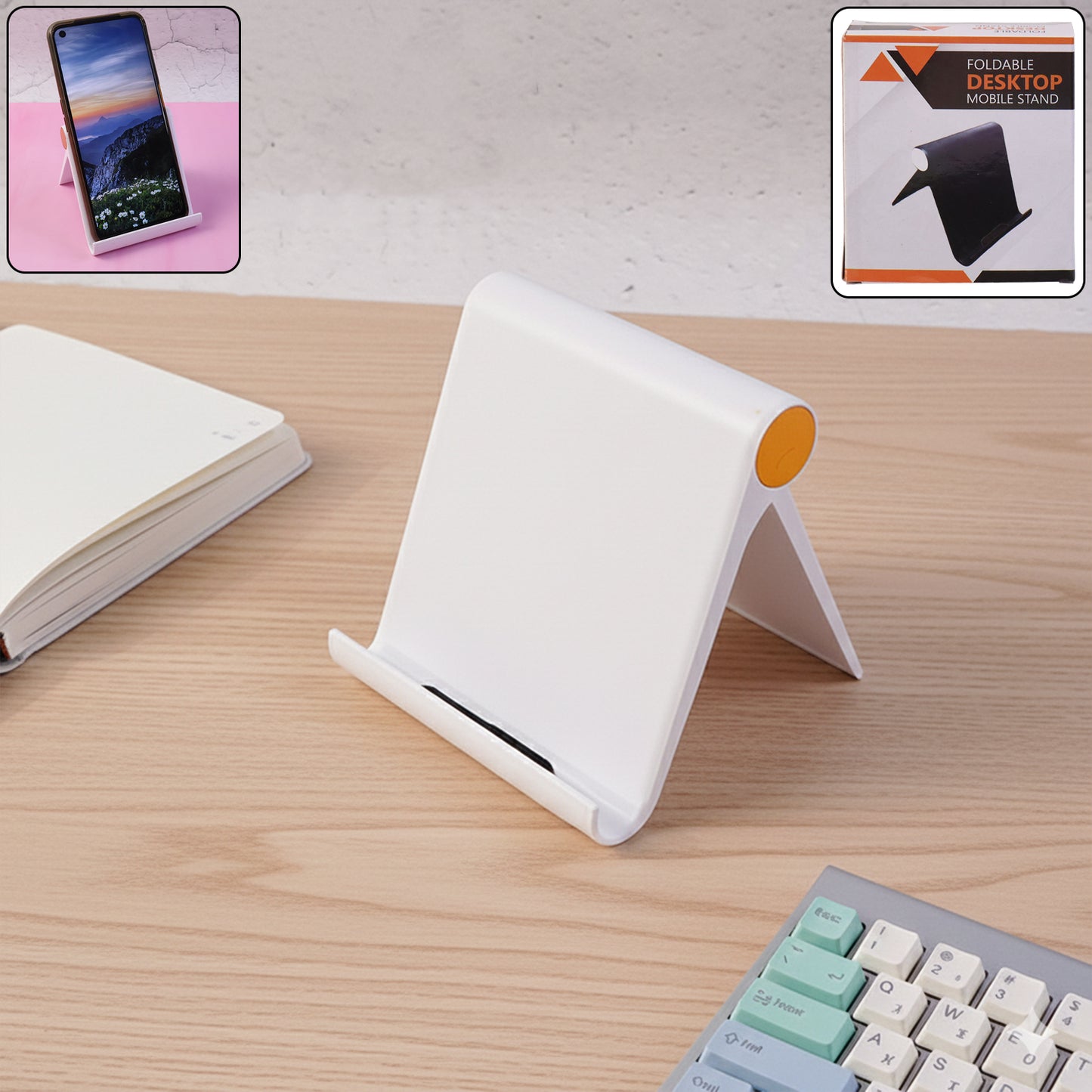 White plastic foldable desktop mobile stand by Wukusy, adjustable holder for smartphones, compact and portable design.