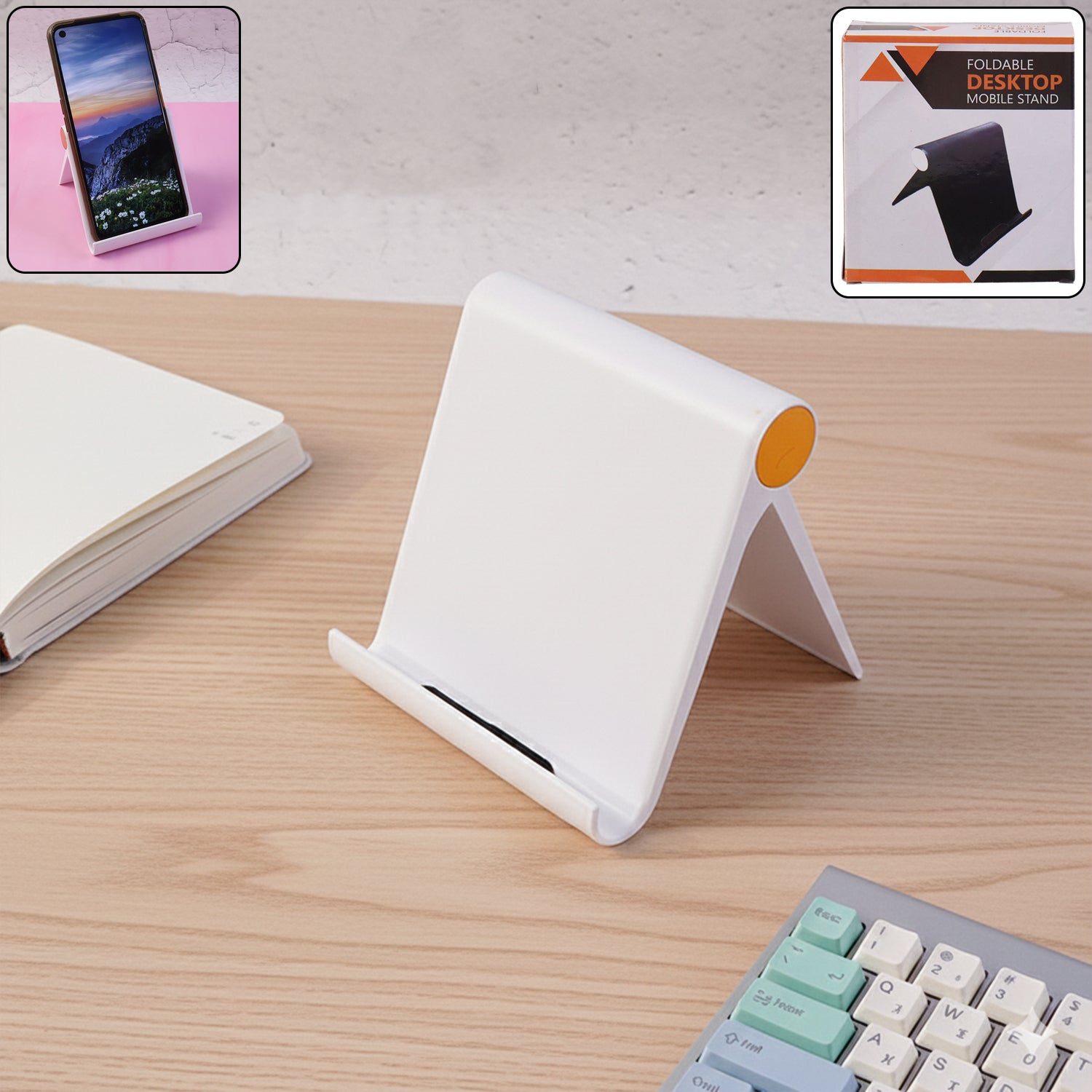 White plastic foldable desktop mobile stand by Wukusy, adjustable holder for smartphones, compact and portable design.