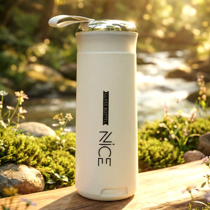 White glass water bottle by Wukusy with a 400ml capacity, featuring a sleek, premium design for hydration and style.