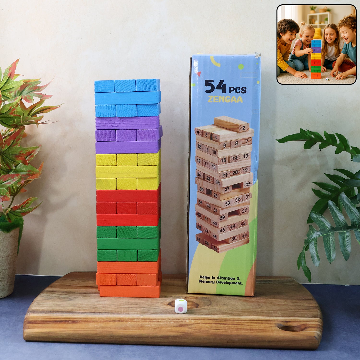 Wooden stacking tower game by Wukusy with 54 colorful pieces arranged in a playful tower on a white background.