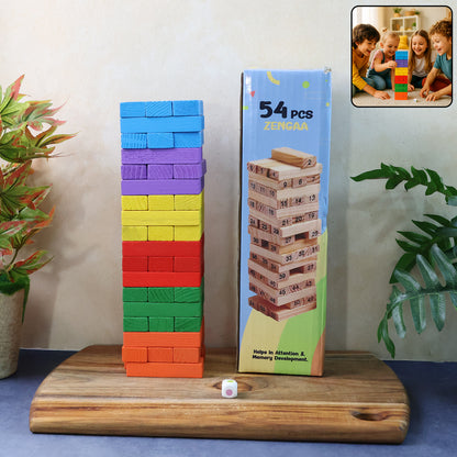 Wooden stacking tower game by Wukusy with 54 colorful pieces arranged in a playful tower on a white background.
