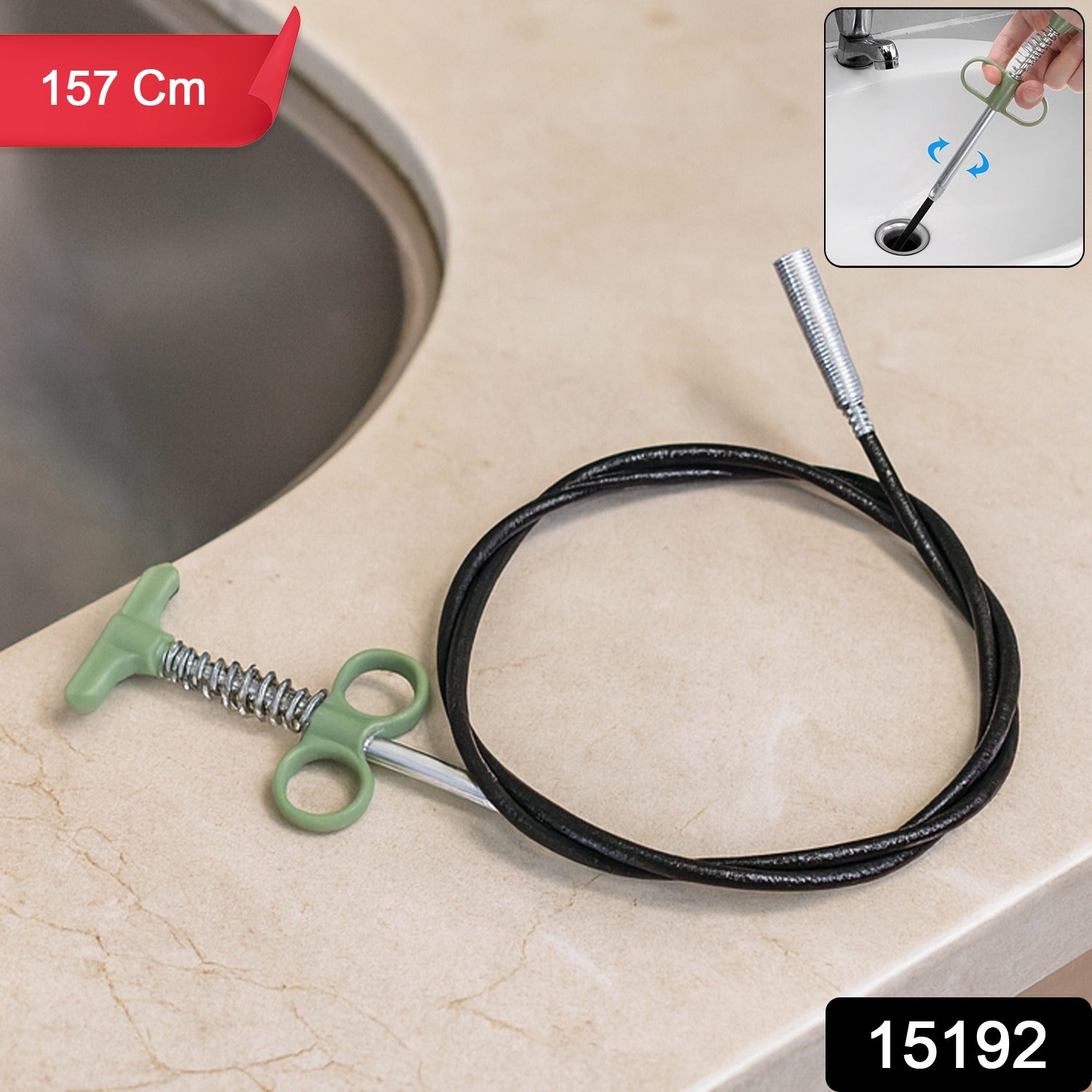 Wukusy flexible spring drain cleaning tool with hand grip, 157 cm long, designed for clearing clogged drains.