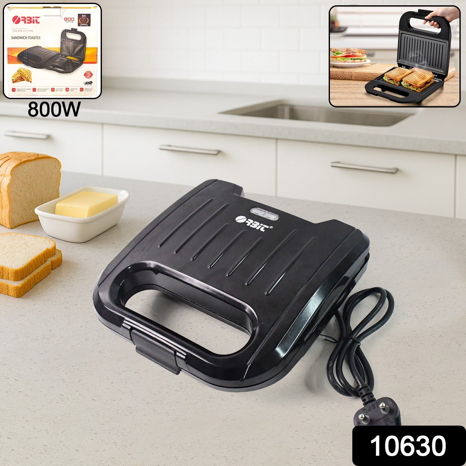 Wukusy Orbit Sandwich Toaster Maker with 800W power, showing the compact appliance with open toasted sandwiches inside.