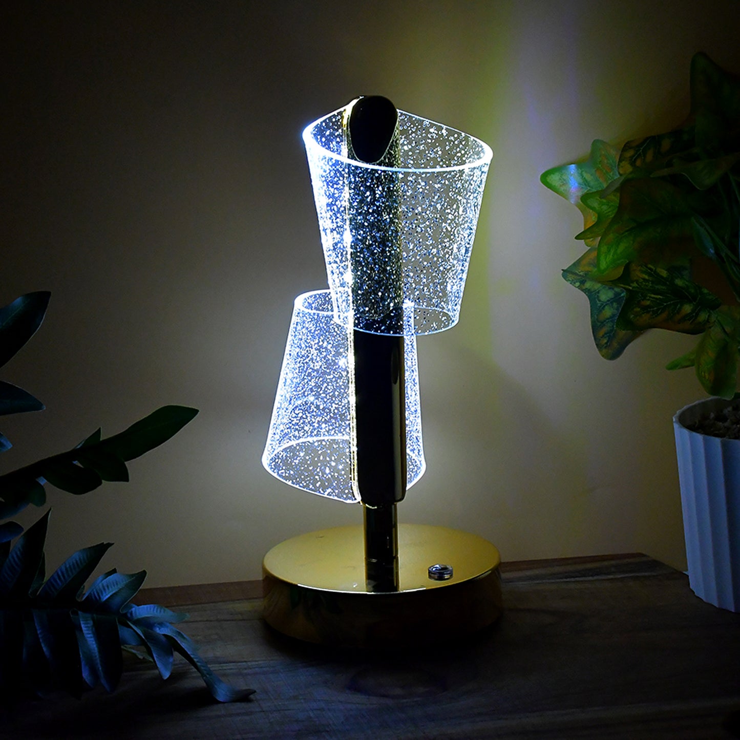 Modern luxury crystal LED double shade table lamp by Wukusy, featuring elegant design and sparkling crystal accents for home decor.