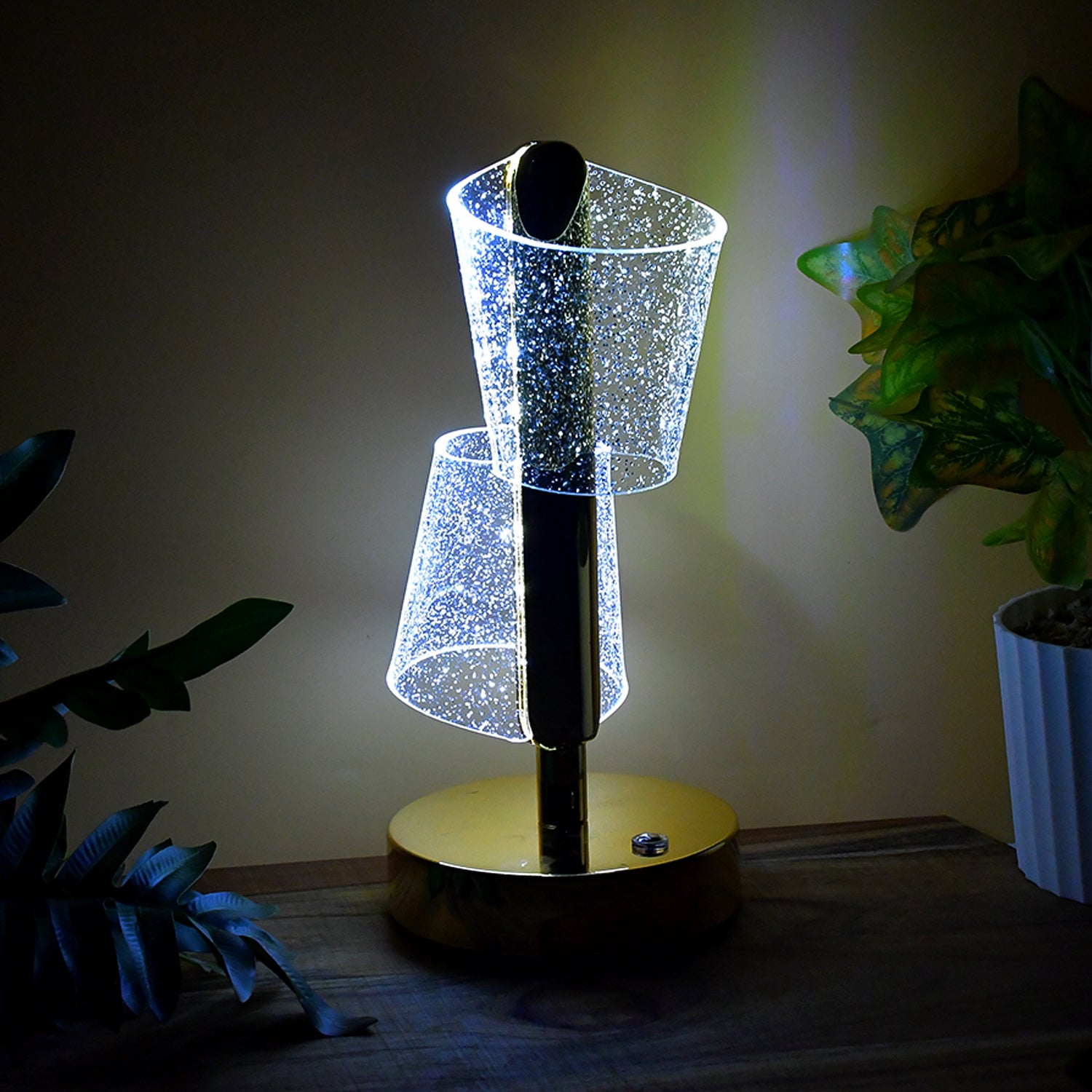 Modern luxury crystal LED double shade table lamp by Wukusy, featuring elegant design and sparkling crystal accents for home decor.