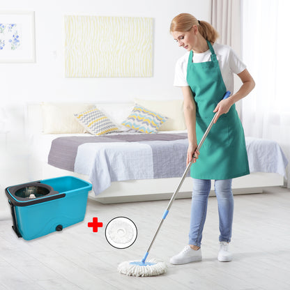 Wukusy 4027 Quick Spin Mop with plastic spin bucket, easy wheels, large capacity for efficient floor cleaning and mopping.