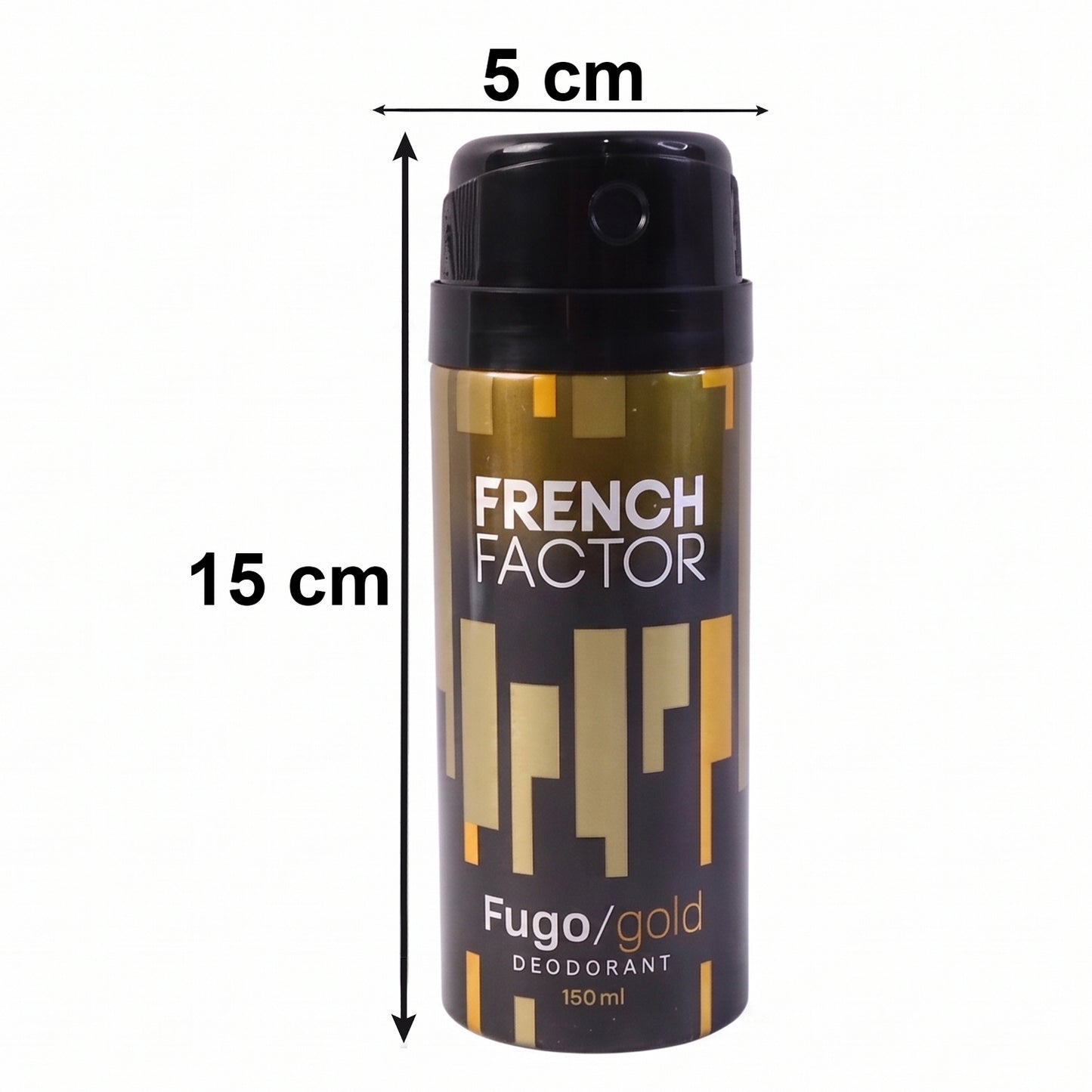 Wukusy French Factor Fugo Gold deodorant body spray bottle, 150ml, with sleek gold design and spray nozzle visible.