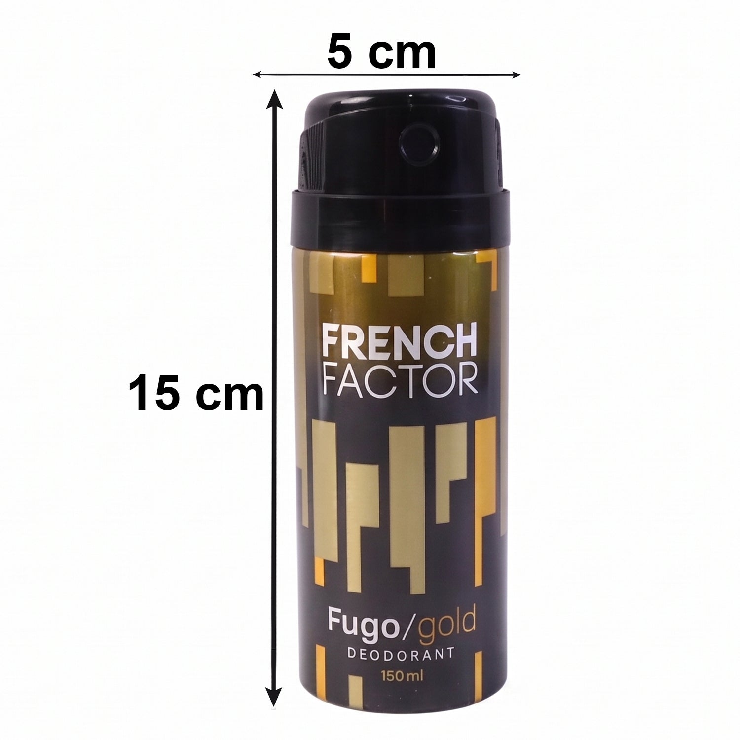 Wukusy French Factor Fugo Gold deodorant body spray bottle, 150ml, with sleek gold design and spray nozzle visible.
