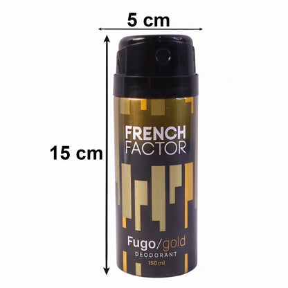 Wukusy French Factor Fugo Gold deodorant body spray bottle, 150ml, with sleek gold design and spray nozzle visible.
