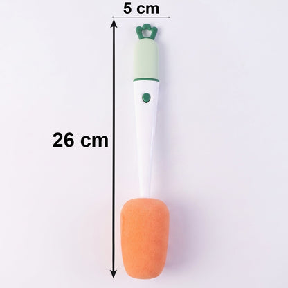 Wukusy 3-in-1 carrot-shaped cleaning brush with sponge for cups and flasks, shown with handle and brush head for thorough cleaning.