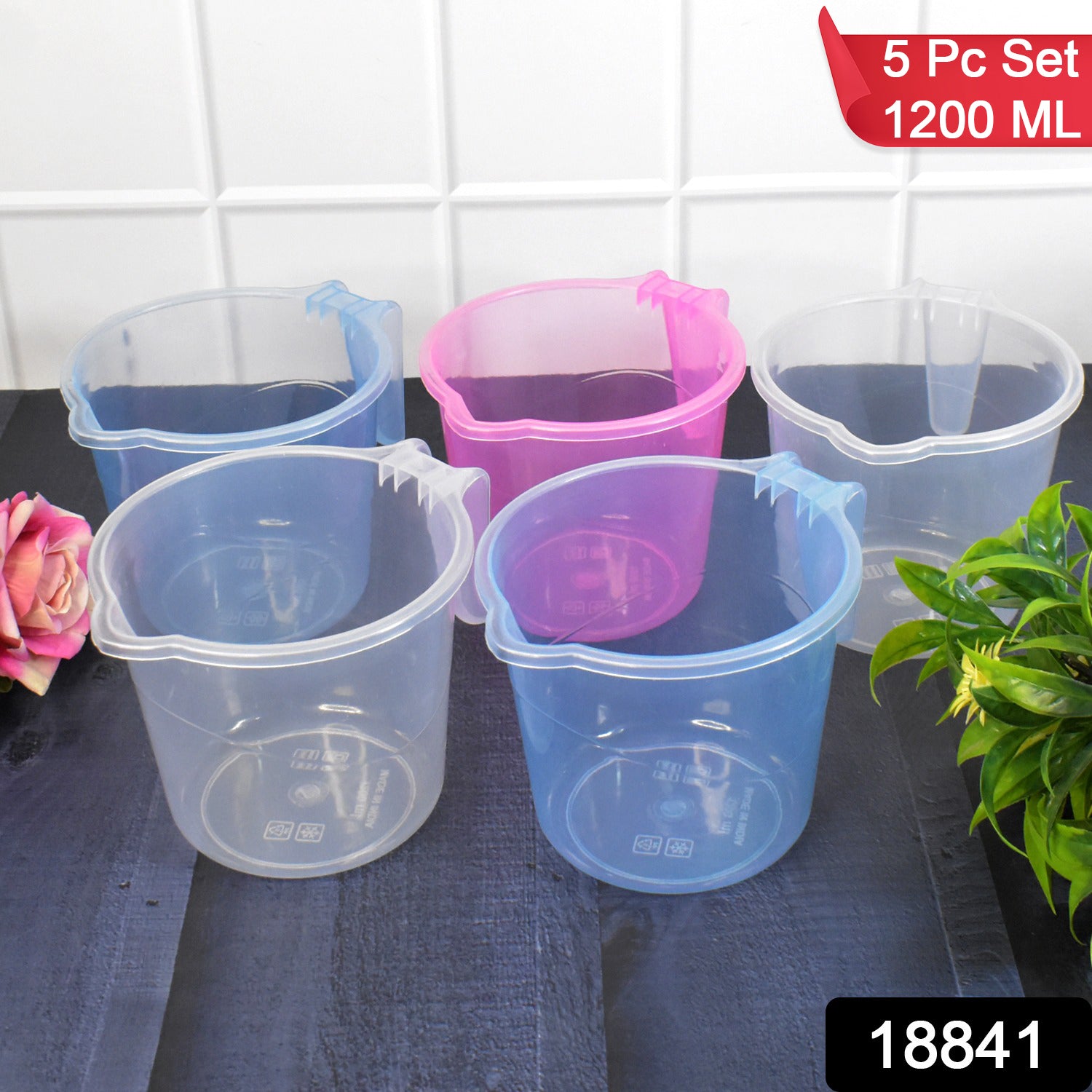 Set of five Wukusy transparent plastic round bath water mugs in mixed colors, each holding 1200 ml, for home and kitchen use.