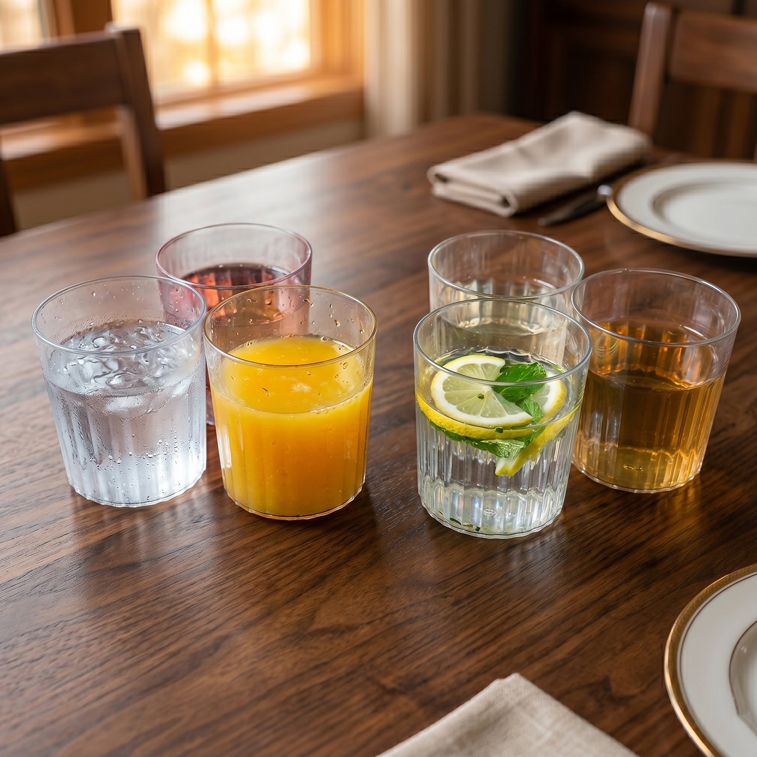 Set of six transparent drinking glasses by Wukusy, 300 ml capacity, clear glass with a sleek, modern design.