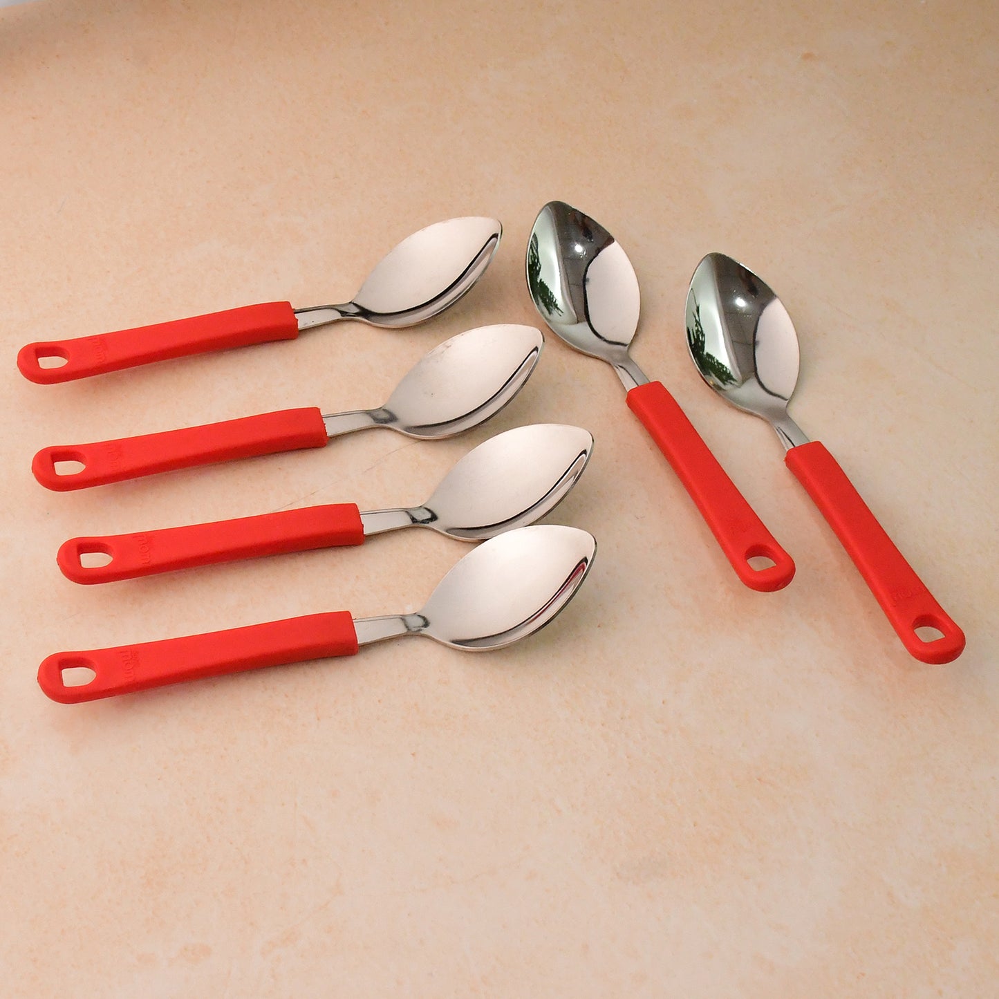 Set of six Wukusy Supermom stainless steel table spoons, shiny and polished, for home dining and kitchen use.