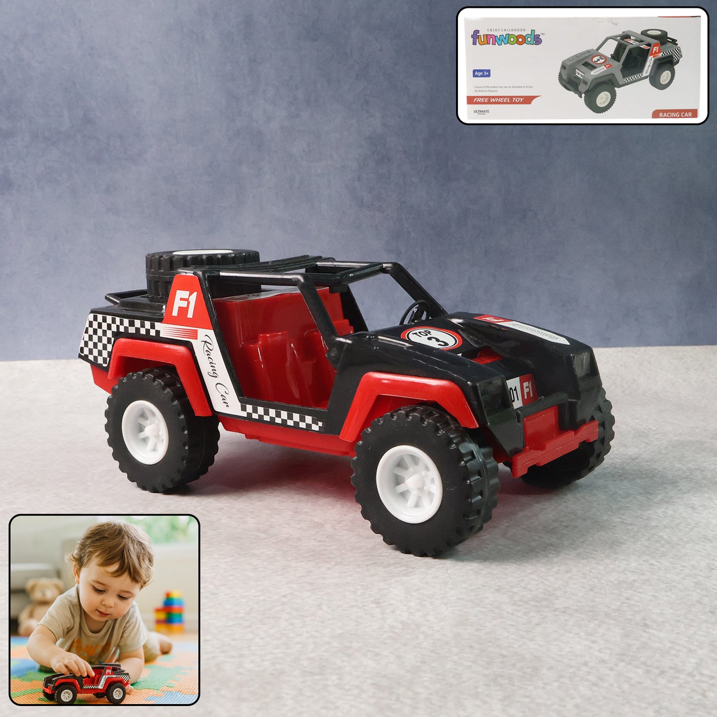 Wukusy Funwoods free-wheel racing Jeep toy car for kids, colorful plastic toy vehicle with open cabin and rugged design.