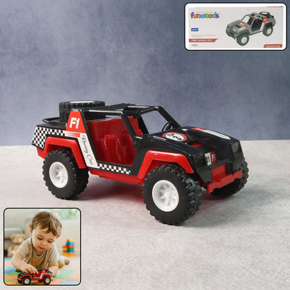 Wukusy Funwoods free-wheel racing Jeep toy car for kids, colorful plastic toy vehicle with open cabin and rugged design.