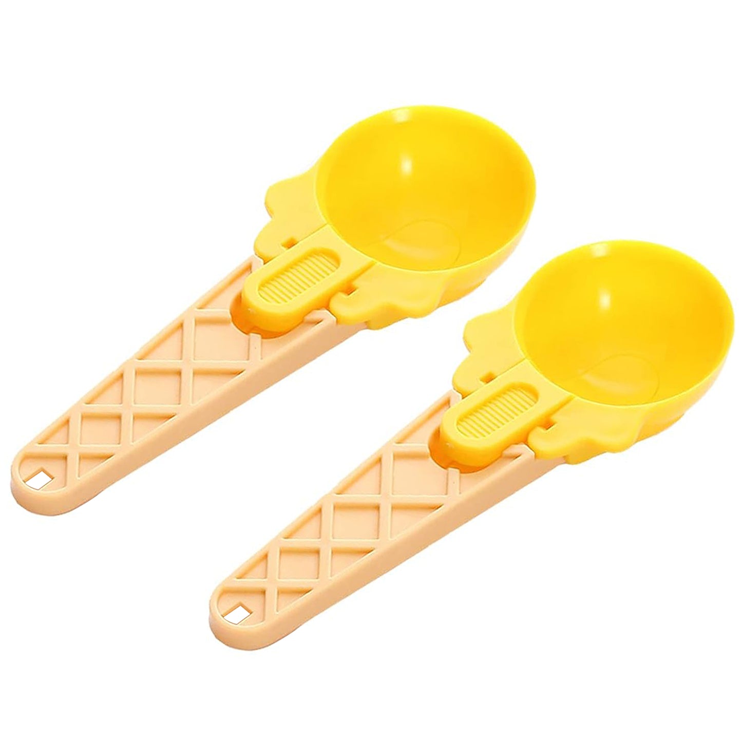 Two Wukusy plastic watermelon ice cream spoons with trigger dippers, ideal for summer parties and serving ice cream or fruit balls.