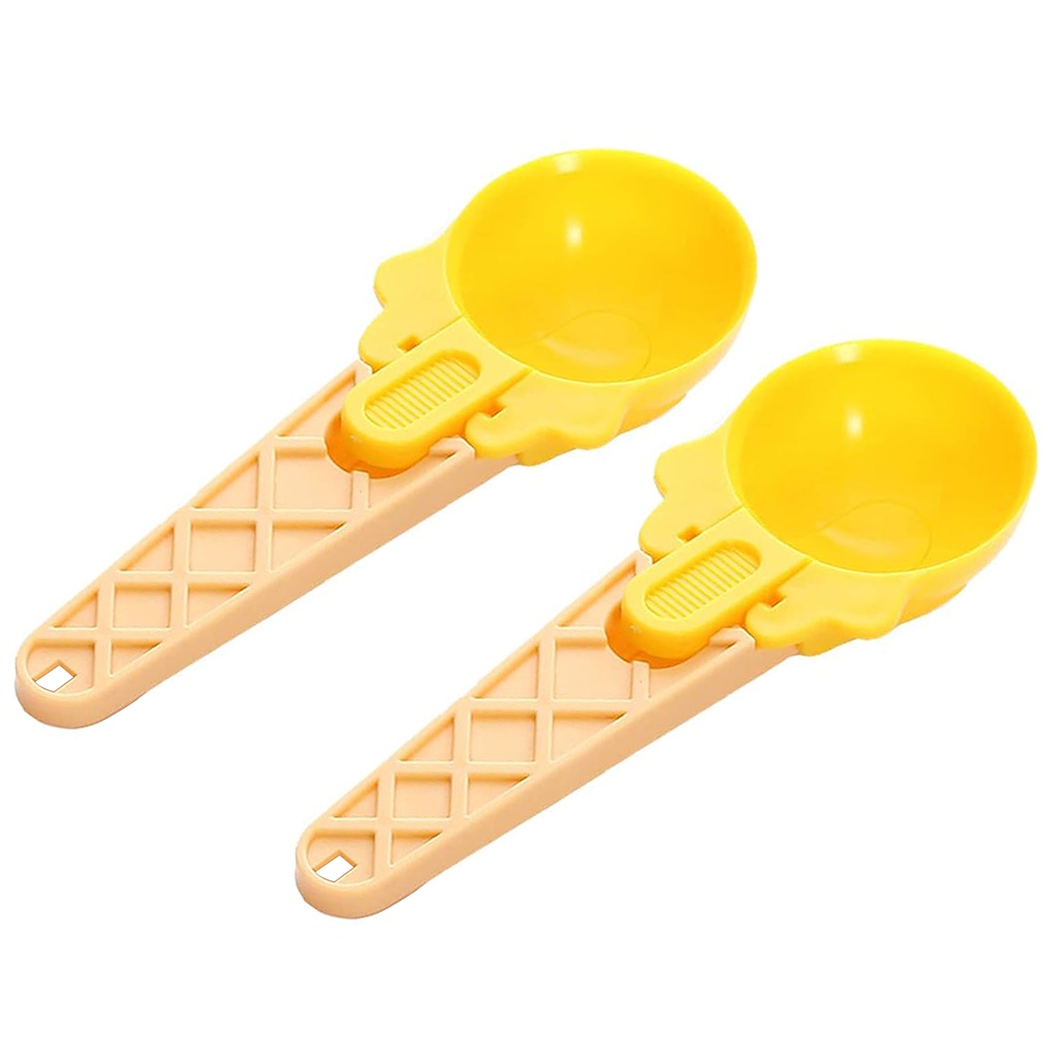Two Wukusy plastic watermelon ice cream spoons with trigger dippers, ideal for summer parties and serving ice cream or fruit balls.