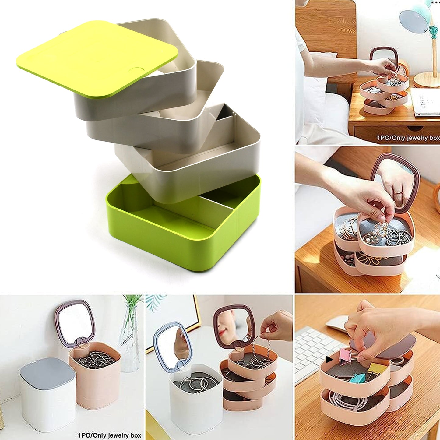 Wukusy 4700 4-layer jewelry box with 360-degree rotating design, showcasing compartments for jewelry, earrings, and accessories.