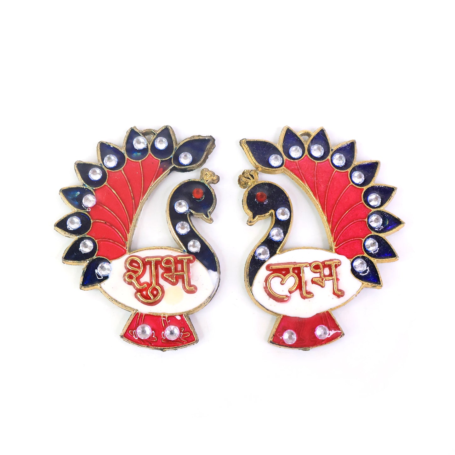 Two decorative peacock design Shubh Labh wall hangings for home decor by Wukusy, featuring intricate peacock artwork and vibrant details.