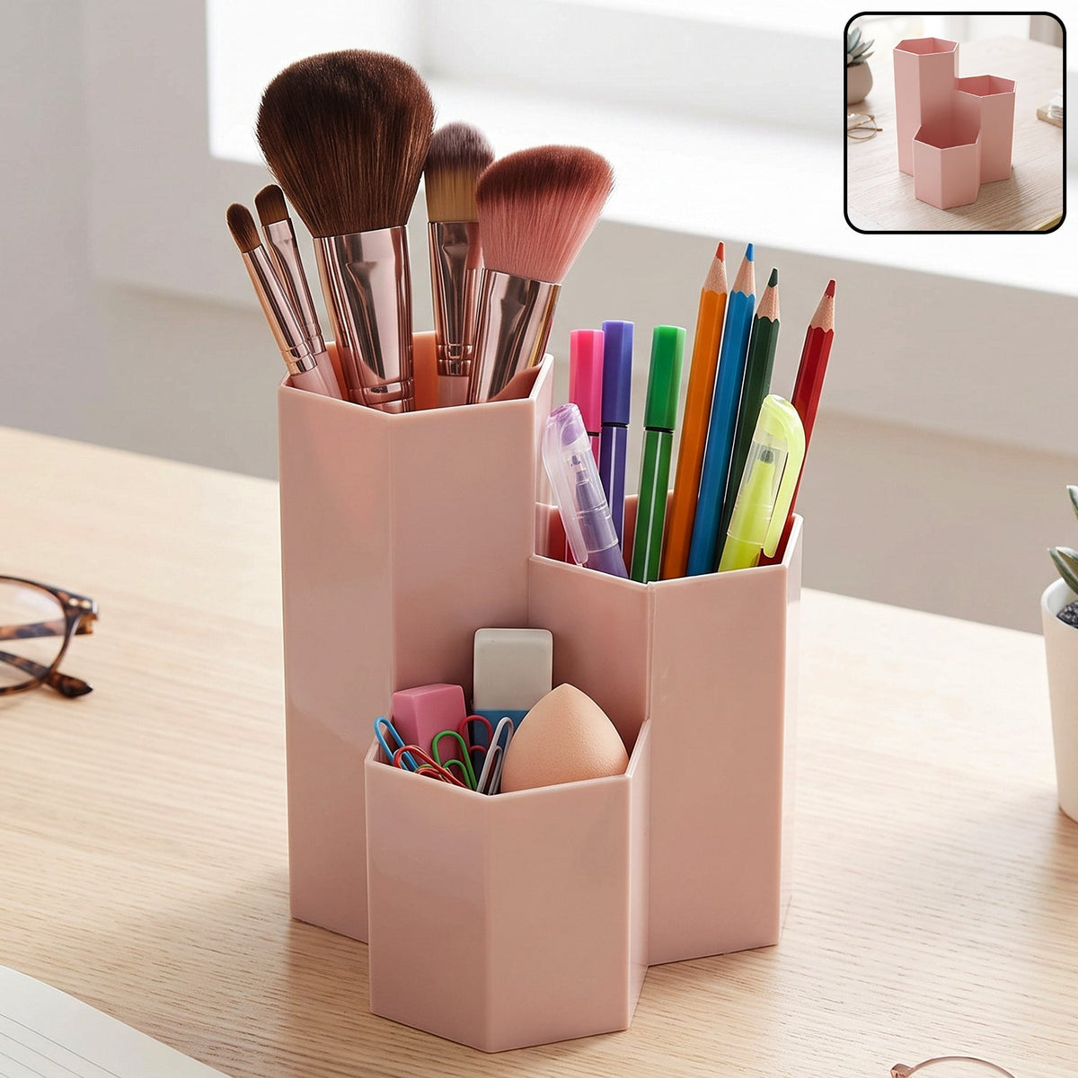Wukusy plastic desktop organizer box with multiple compartments for pens, stationery, and office supplies on a desk.