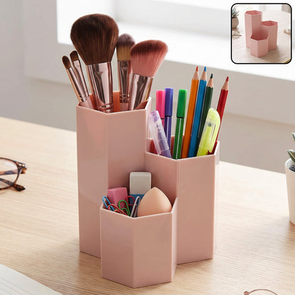 Wukusy plastic desktop organizer box with multiple compartments for pens, stationery, and office supplies on a desk.