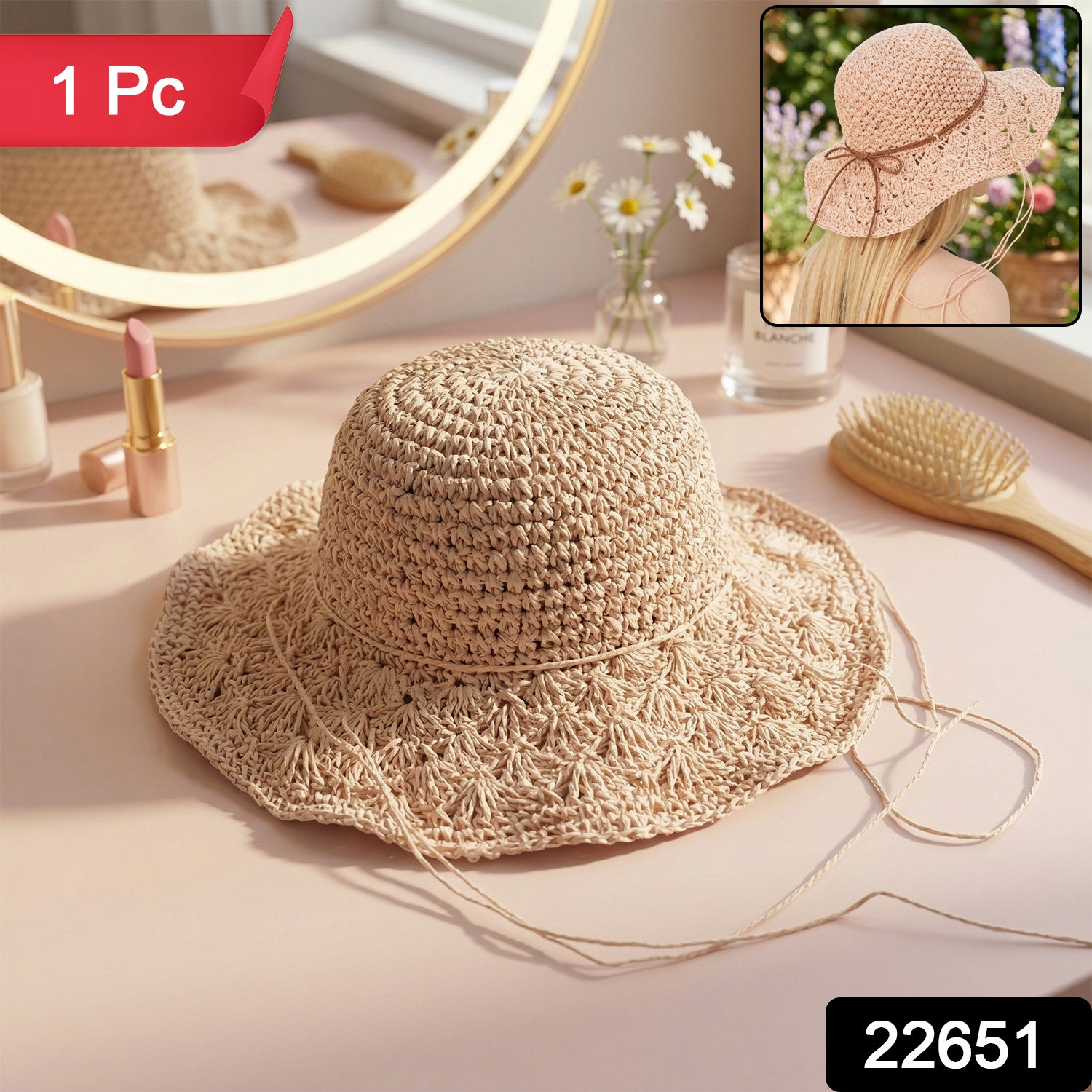 Wukusy stylish handwoven wide brim summer sun hat cap with a natural straw texture and a floppy brim for sun protection.