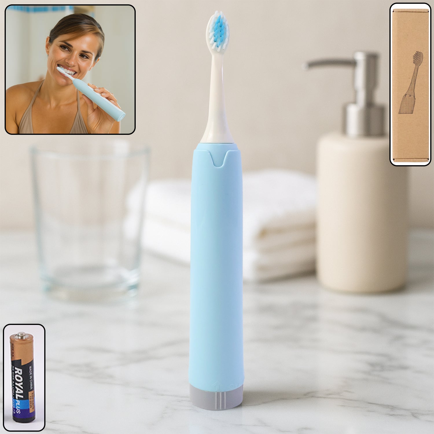 Wukusy portable battery-operated electric toothbrush with white handle and brush head for oral cleaning.