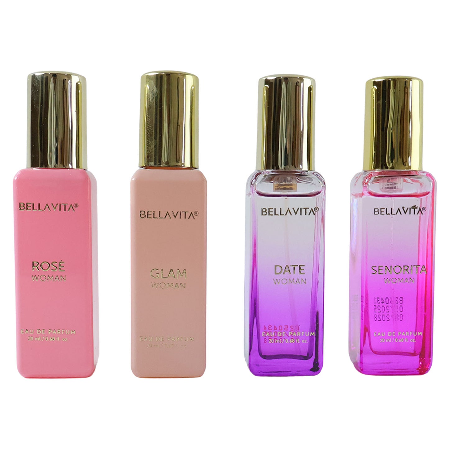 Wukusy Bellavita Luxury Women Eau De Parfum gift set with four 20ml bottles featuring floral and citrus fragrances.