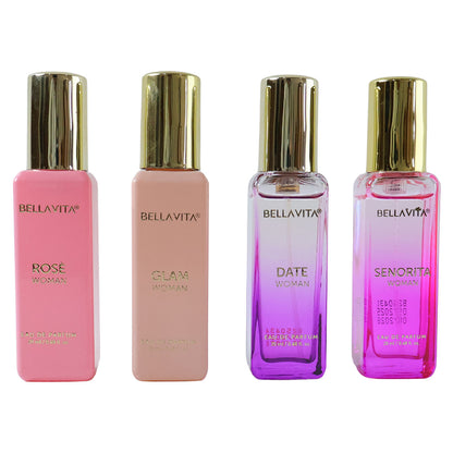 Wukusy Bellavita Luxury Women Eau De Parfum gift set with four 20ml bottles featuring floral and citrus fragrances.