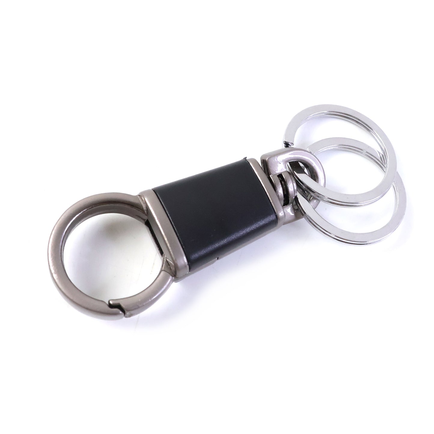Wukusy premium dual ring metal key holder with rotating swivel, shown with multiple keys attached and polished silver finish.