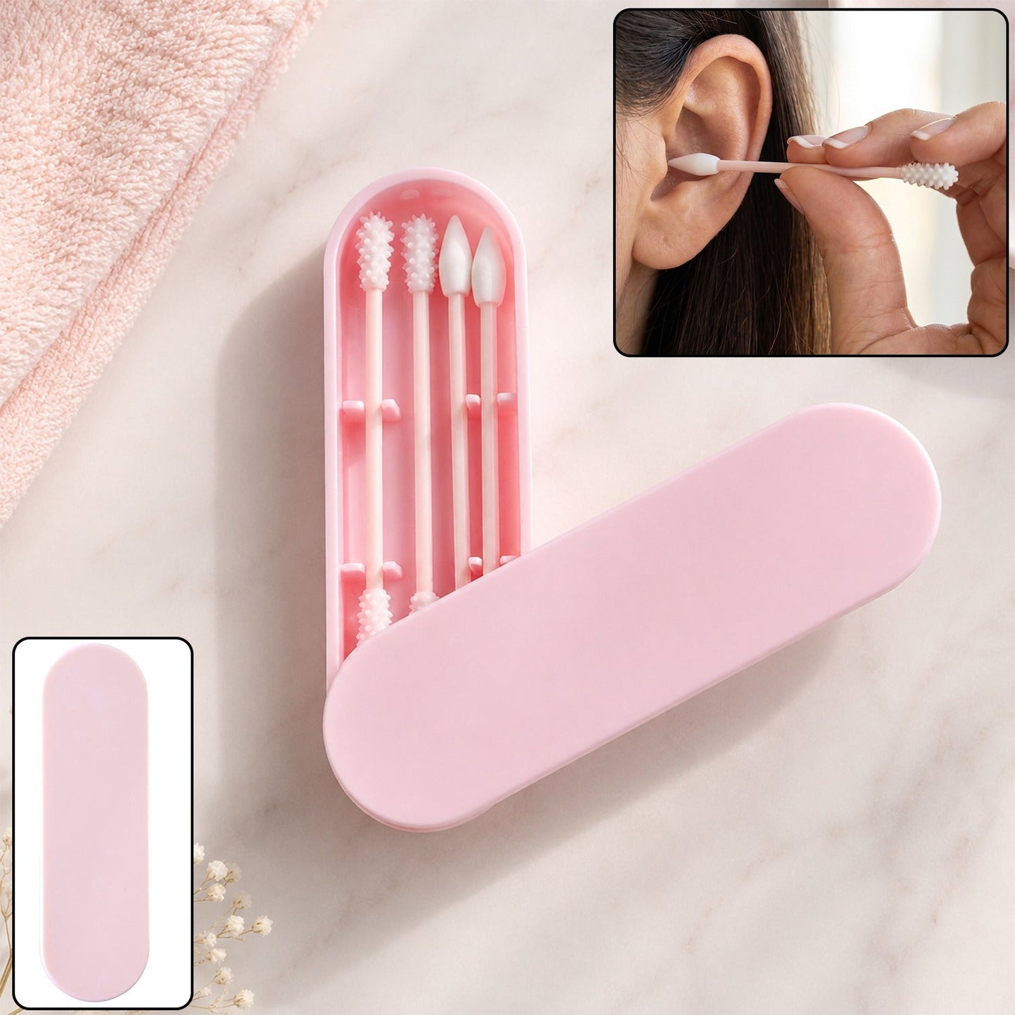 Wukusy 4-in-1 reusable silicone ear swab set with case, washable ear buds, and storage case for safe ear cleaning.