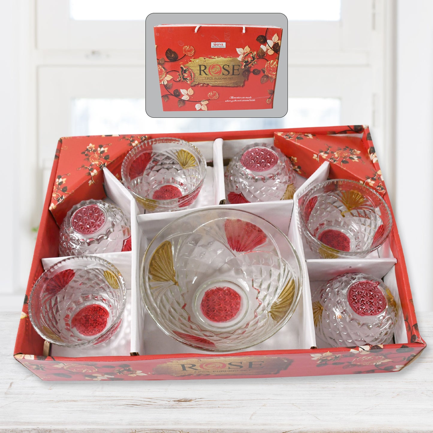 Set of 7 Wukusy rose glass dessert bowls including 6 medium and 1 large bowl for pudding, ice cream, fruit, and snacks.