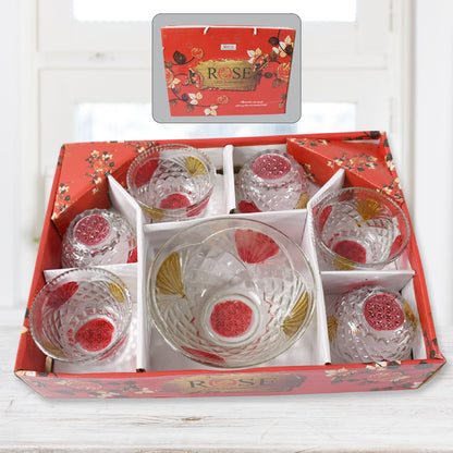 Set of 7 Wukusy rose glass dessert bowls including 6 medium and 1 large bowl for pudding, ice cream, fruit, and snacks.