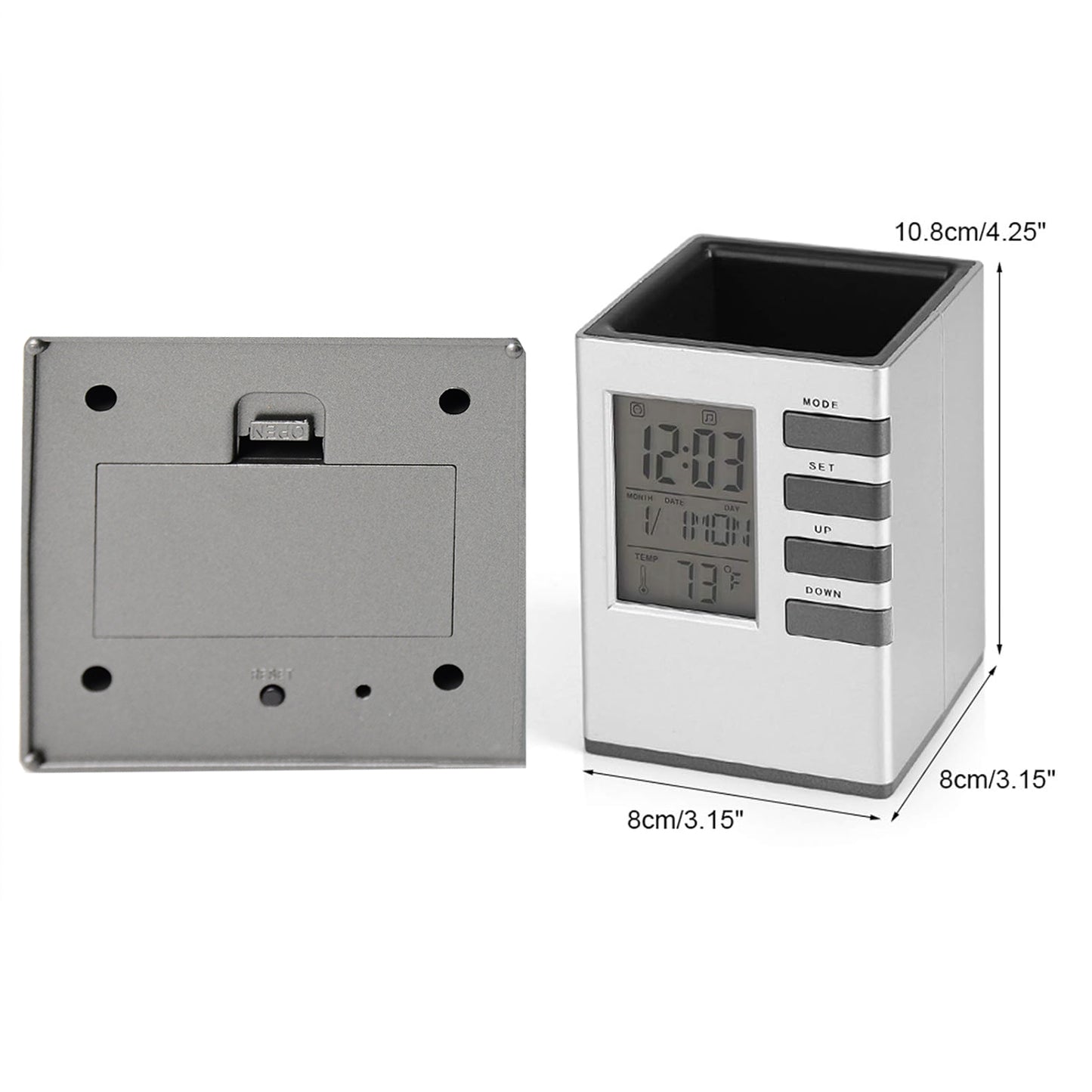 Wukusy multifunction cube digital desk clock with pen holder on an office desk, showing time display and organizational features