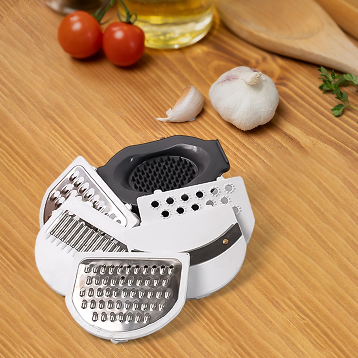 Wukusy 9-in-1 multifunctional vegetable chopper with stainless steel blades and plastic container for easy food prep.