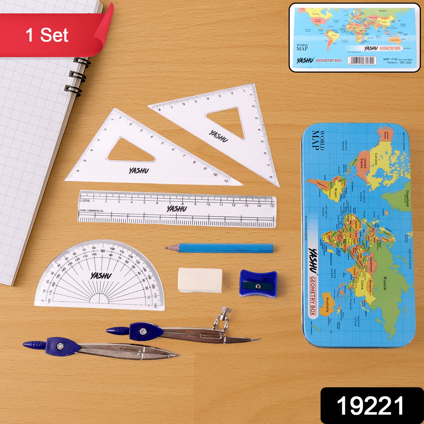 Wukusy Yashu Complete Geometry Box Set with compass, featuring rulers, protractor, pencils, and other geometry tools.