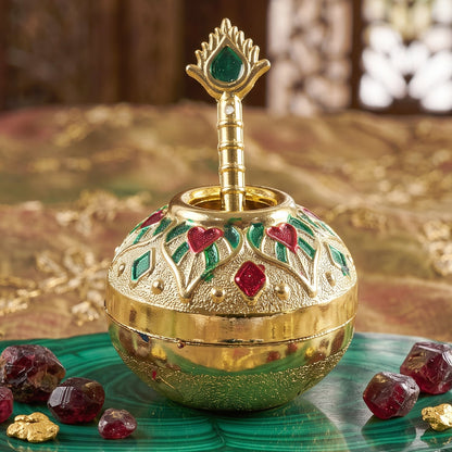 Decorative Laddu Gopal Makhan Matki set with spoon, traditional pooja pot for worship, featuring intricate detailing and vibrant finish.