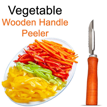 Wukusy vegetable peeler with wooden handle and stainless steel blade, kitchen tool for peeling fruits and vegetables.