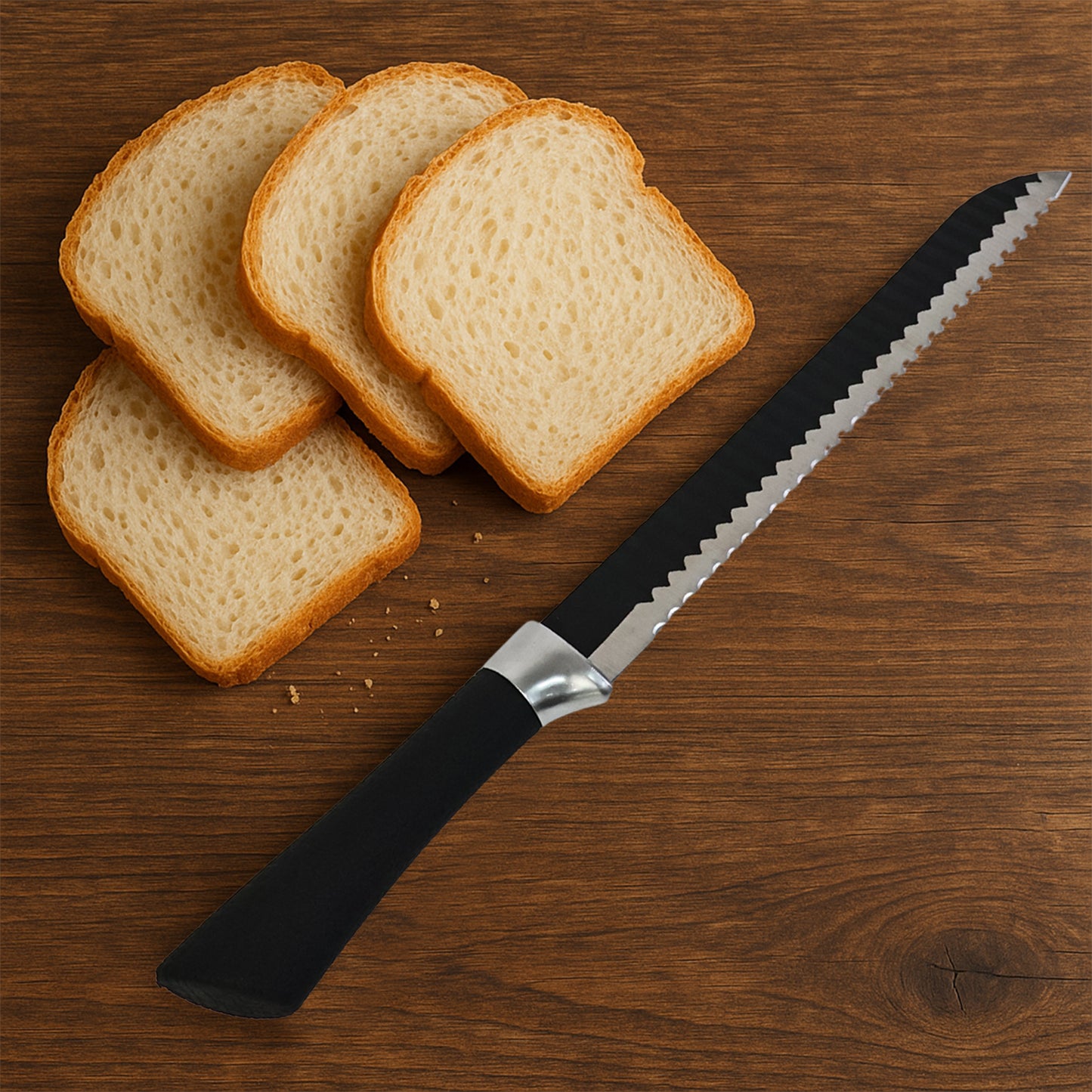 Wukusy 32cm serrated bread knife with ergonomic handle, ideal for slicing bread and baked goods in the kitchen.