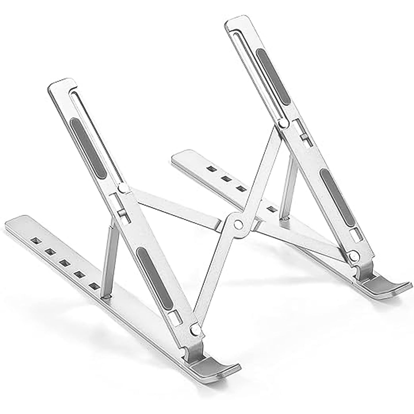 Wukusy foldable height adjustable laptop stand showing black aluminum surface with adjustable legs and compact design for easy portability.