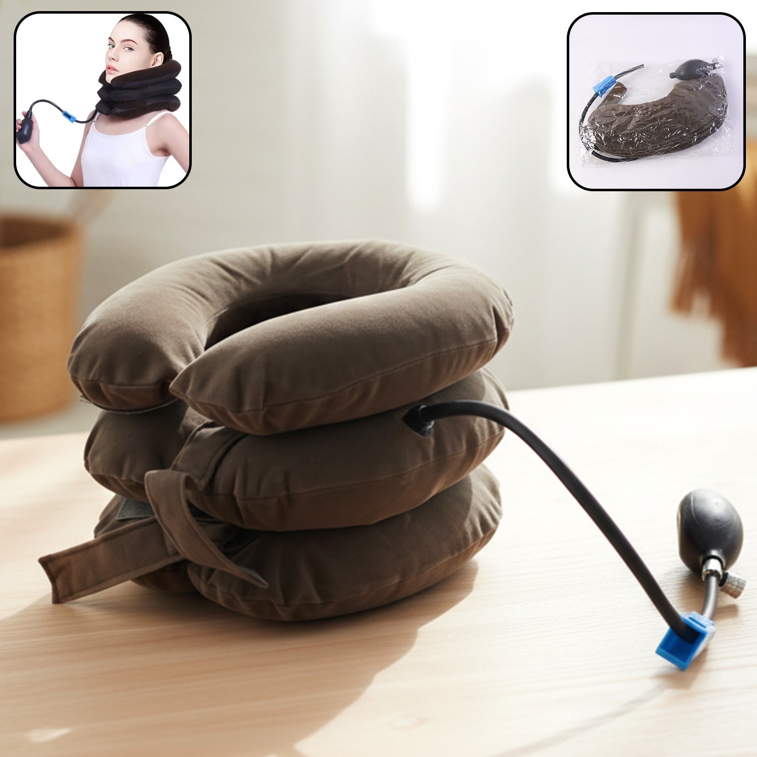 Wukusy 3-layer inflatable cervical neck traction support collar showing adjustable inflation and ergonomic design for neck relief.