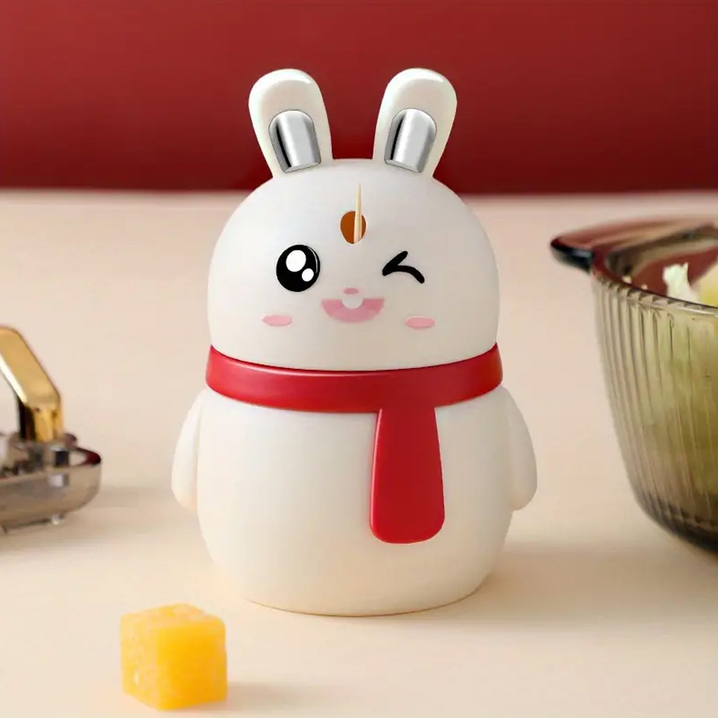 Red Wukusy rabbit-shaped toothpick dispenser for kitchen or dining table storage, durable home decor accessory.